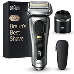 Braun Series 9 Pro+ vīriešu elektriskais skuveklis ar 5 profesionāliem skūšanās elementiem, garo matu griezējs ProTrimmer un tīrīšanas stacija, 60 minūšu darbības laiks, dāvanu vīrietis, ražots Vācijā, 9567cc, sudrabs