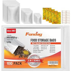 Fonday Mylar maisiņi pārtikas uzglabāšanai ar 300cc skābekļa absorbētājiem (100 iepakojumā): 1 Galaon (25x35x15mm) karstumā noslēdzama pārtika) Augsta kvalitāte un uzticama: sudraba