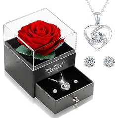 Amžina tikroji rožė su širdele karoliais ir auskarais iš 925 sterlingų sidabro, begalybės rožės, papuošalų dovanų dėžutė, rožių dėžutės gimtadienis, Valentino diena, vestuvių metinių dovanos jos merginai
