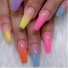 Stepller Bunte Farbverlauf gepresste Nägel, mittlere quadratische falsche Nägel, Regenbogen-Design, glänzende falsche Nägel, Vollgesichts-Acryl-Nagelkleber, Damen-Stil