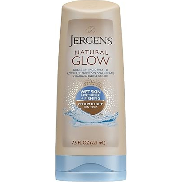 Jergens , Natural Glow Mitrinošs krēms mitrai ādai, nostiprinot ādu no vidēji nobriedušas līdz iedegušai 221ml