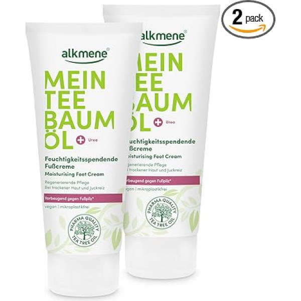 Alkmene My Tea Tree Oil Foot Cream 2 x 100 ml Profilaktisks līdzeklis pret sportistu pēdām - dabīga tīra tējas koka eļļa, vegāniska un klimatiski neitrāla - mitrinošs pēdu krēms ar urīnvielu sausai ādai un niezei