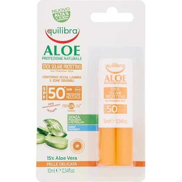 Equilibra Solari Alvejas saules aizsargstikls SPF 50+, Alvejas saules aizsargstikls jutīgu zonu aizsardzībai, acīm, lūpām, degunam, degunam, ausīm, tetovējumiem, traipiem un traipiem, 10 ml