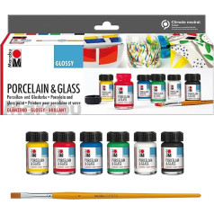 Marabu 1115000000087 Porcelain & Glass Starter Set, Glossy, Porcelain and Glass Paint, Water-based, Dishwasher Safe without Burning, 6 x 15 ml Paint and Brush