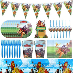 LKNBIF The Lion King Party Tableware Birthday Party Tableware Set Includes Birthday Decoration Plates Napkins Table Cloth Fork Served 10 Guests Pack of 72