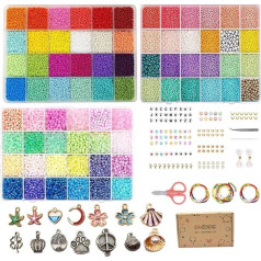 34470 Pieces Jewellery Making Set 2 mm 3 mm 4 mm Glass Beads Letter Set for Threading Mini Glass Beads Jewellery Charms Lobster Clasps Ear Hooks Elastic Band for DIY Bracelet Necklaces Jewellery