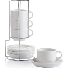 Sweejar Home Porcelāna kapučīno tasītes ar paliktnīšiem un metāla statīvu, savietojamas Espresso tasītes īpašiem kafijas dzērieniem, Latte, Americano, tējai, ar 4 krūzītēm (baltas, 120 ml)