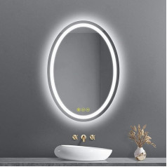 AI-LIGHTING LED Bathroom Mirror with Lighting Oval 50 x 70 cm Bathroom Mirror with Light 3 Light Colours / Anti-Fog / Dimmable Illuminated Bathroom Mirror with Touch Switch for Bathroom Hotel