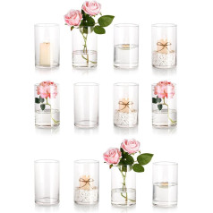 12 x Cylinder Glass Vase for Wedding Decoration, Hewory Candle Holder, Glass Cylinder Set, Modern Flower Vases Set, Tulips, Dried Flowers, Candle Holder, Lantern for Pillar Candles, Tea Light,