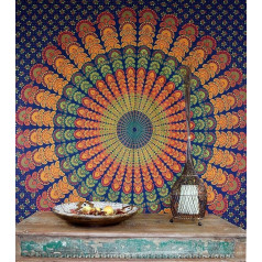 GURU SHOP Boho stila sienas pārklājs, indiešu gultas pārklājs mandala - zils/oranžs/zaļš, kokvilna, 220x210x0,2 cm, gultas pārklājs, dīvāna pārklājs