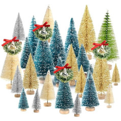 Kuuqa Mini Sizala sniega sals Ziemassvētku eglītes pudeles suku koki Plastmasas ziemas sniega ornamenti Tabletop koki ar Merry Christmas burtiem Xmas Party Home Party Diorama Models