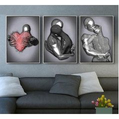 3D Romantic Lover Sculpture Poster Metal Figure Statue Art Love Heart Kiss Pictures Wall Art, Black African Woman Wall Painting, Without Frame (Poster 03, 3 Pieces - 60 x 90 cm)