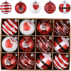 Valery Madelyn Christmas Baubles, 12 8 cm Ziemassvētku eglīšu baļļu iepakojums Plastmasas Ziemassvētku baļļi Ziemassvētku rotājumi ar pakaramo Dāvanu iepakojums Ziemassvētku eglīšu rotājumi Sarkana balta tēma