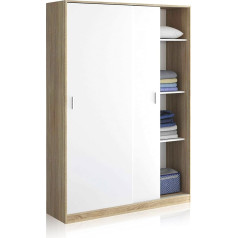 Habitdesign Wardrobe with Two Sliding Doors and Three Shelves, Oak and Matt White, 120 x 200 x 50 cm