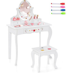 Dreamade Bērnu tualetes galdiņš ar tabureti un noņemamu spoguli, princeses tualetes galdiņš, koka kosmētikas galdiņš, bērnu kosmētikas galdiņš ar 3 atvilktnēm bērniem meitenēm no 3 gadiem (Balts Apple)