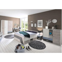 Lomadox Комплект для детской комнаты, дуб белый лава голубой, 140 x 200 см, детская кровать, шкаф, стол, прикроватная тумба, комод с высоким бортом