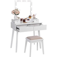 Anwbroad BDT06 Dressing Table Vanity Table Set Illuminated Mirror with 10 LED Bulbs - 4 Drawers with 2 DIY Dividers - Padded Stool - Movable Organiser