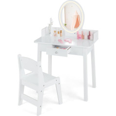 Costway 2 в 1 Детский туалетный столик с табуретом, туалетный столик с зеркалом с подсветкой, ящиком и органайзером для украшений, деревянный ко