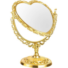 Fomiyes 1 x Double Sided Plastic Makeup Mirror Retro Heart Shape Makeup Mirror with Embossed Hollow Flower for Dresser Dressing Table Bathroom Bedroom (Gold)