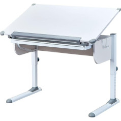 Inter Link Height-adjustable desk with tilting shelf, in white metal, 110 x 68 x 55-78 cm