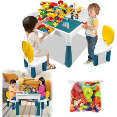 Acxin 6-in-1 bērnu galda krēslu komplekts, aktivitāšu galda komplekts, bērnu galds, amatniecības galds ar 2 krēsliem un 163 klučiem, daudzfunkcionāls bērnu istabai un bērnistabai (ar klučiem)