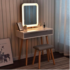 Fullwatt Tualetes galdiņš, tualetes galdiņš ar spoguli un apgaismojumu, ar 3 krāsu LED apgaismojumu, atvilktni, polsterētu tabureti un kosmētikas organizētāju (2 atvilktnes, kvadrātveida spogulis, pelēks)