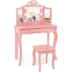 Costway Bērnu tualetes galdiņš 2-in-1, tualetes galdiņš ar LED apgaismojumu, saliekamo spoguli un atvilktnēm, kosmētikas galdiņš Princess bērniem meitenēm (rozā)