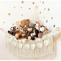 Dormitology Makrame rotaļlietu glabāšanas tīkls ar zvaigžņu gaismu, plīša rotaļlietu pildīta rotaļlietu piekaramais rotaļlietu organizators bērnu istabai, Boho stūra sienas piekaramais organizators (balts)