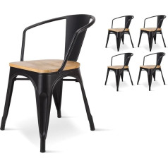 Kosmi - Lot de 4 chaises en métal Noir mat Style Industriel Factory Avec assise en Bois Naturel Clair, Fauteuils industriels Avec accoudoirs