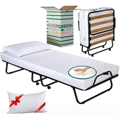 ‎Evergreenweb Materassi & Beds Evergreenweb Saliekamā gulta 80 x 190 cm ar baltu atmiņas putu matraci, augstums 12 cm + Visco spilvens, koka redeļu līstīšu rāmis, izturīgs metāla rāmis ar riteņiem un ērts matracis, vietas taupīšana, saliek