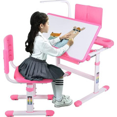 Cocoarm Vaikų rašomasis stalas, reguliuojamo aukščio vaikų rašomasis stalas su lempa, vaikų rašomasis stalas su kėde ir stalčiumi, ergonomiškas dizainas su pakreipiamais stalčiais, saugykla, miegamasis