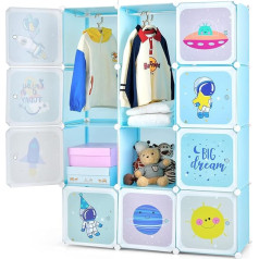 Dreamade Bērnu drēbju skapis ar 12 kubiem, bērnu drēbju skapja plauktu sistēma no plastmasas, bērnu drēbju skapis ar durvīm un drēbju turētāju bērnu istabai, 110 x 37 x 145 cm (12 kubi - telpa)