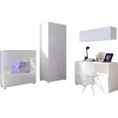 Mirjan24 Calabrini XIV bērnu istabas komplekts, ieskaitot drēbju skapi, rakstāmgaldu, kumodi, sienas plauktu, pilns bērnu istabas komplekts (balts/balts, ar baltu LED apgaismojumu)
