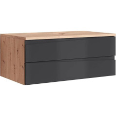 Byliving Shape Washbasin / Modern Bathroom Chest of Drawers / Front High Gloss Anthracite / 2 Drawers with Milled Handle Strip / Melamine Oak Effect Body / Cupboard / W 80, H 33, D 47 cm