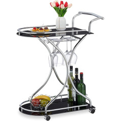 Relaxdays Serving Trolley, 2 Levels, Bottle & Glass Holder, Glass & Chrome, HBT: 88 x 76 x 49 cm, Kitchen Trolley, Black/Silver