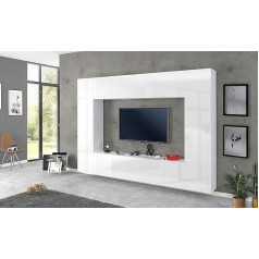 Dmora Sienas iekārta viesistabai, ražota Itālijā, TV statīvs un sienas skapīši un plaukti, moderns viesistabas komplekts, 260 x 30 x 180 cm, balta spīdīga krāsa