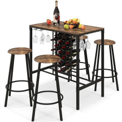 Costway 5-Piece Bar Table with 4 Bar Stools, Wooden Dining Table, Bar Table with Wine Rack & Glass Holder, Bistro Table with 4 Chairs, Industrial Kitchen Table Set, Retro Brown