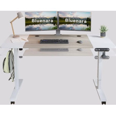 Bluenara Reguliuojamo aukščio elektrinis rašomasis stalas, 140 x 60 cm, sėdimasis ir stovimasis stalas, 2 krypčių teleskopas su ąžuoliniu + baltu stalviršiu (baltas rėmas), 4 iš anksto nustatyti aukščiai