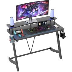 Treetalk Žaidimų stalas, kompiuterio stalas su dideliu monitoriaus stovu, kompiuterio nešiojamojo kompiuterio stalas mažoms erdvėms, žaidėjų darbo vieta su puodelio laikikliu, ausinių kabliuku namų biurui (110 cm)