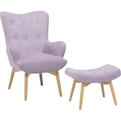 Beliani Vejle Wing Chair with Stool Velvet Fabric Purple Button Cover Wooden Legs Light Brown