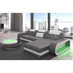 Sofa Dreams Berlin L Shape Corner Sofa Leather with LED Light Leather Sofa Ottoman Couch with Headrests (Ottoman Right, Grey/White)