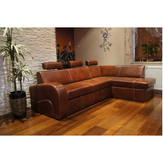 Quattro Meble 'Antalya II 3 245 x 164' Brown Real Leather Corner Sofa with Sleep Function Ottoman and Headrest with Cream Stitching Sofa Couch Corner Couch Antique Genuine Leather Tobacco