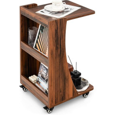 Costway Side Table with Wheels, Mobile Sofa Table with 2 Rear Shelves, C Shape Coffee Table for Living Room, Bedroom, 42.5 x 38 x 67 cm, Vintage Brown