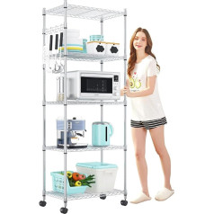 Devo 5 Tier Shelving Unit with Wheels, Height Adjustable Standing Shelf with Wheels, Pantry on Wheels, Storage Rack with Hooks for Bathroom, Kitchen, Silver, 36 cm x 61 cm x 180 cm