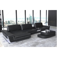 Sofa Dreams Bari Corner Sofa in Leather with LED Lighting and Ottoman Leather Sofa with Headrests Couch L Shape (Ottoman Looking on Sofa) Black / White