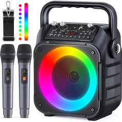 Wowstar portatīvā karaoke iekārta ar 2 bezvadu mikrofoniem, Bluetooth skaļruņu skaļruņu kaste pieaugušajiem / bērniem ar gaismas efektiem, atbalsta TF/USB, FM, REC, AUX in, TWS ballītei, dzimšanas dienai (melna)