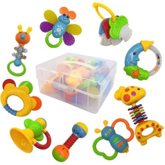 fiouni Baby Rattle Teether Toy Set Babies First Rattles Babies First Toy Gift Set for Infants Newborn Baby Boys Girls 3 6 9 mēneši 11 gabali (zils)