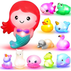 12 luminiscējošu vannas rotaļlietu komplekts, mazuļu mirgojoša krāsaina LED vannas rotaļlieta nāras rotaļlieta, bērnu peldēšanās vannā, peldošā gumijas rotaļlieta dušā