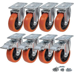 CoolYeah 100 mm inch swivel castors made of PVC, industry, premium heavy duty castors (8 pack, 4 pieces with brake and 4 pieces without)