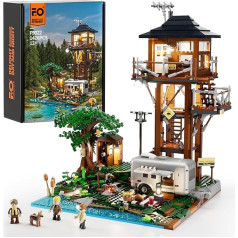FUNWHOLE Observation Tower Tent Site Construction Set with LED Lighting, 1426 Pieces Retro Tower Camping Model Building Blocks Camper Van and Forest Building Kit Toy for Adults and Teenagers